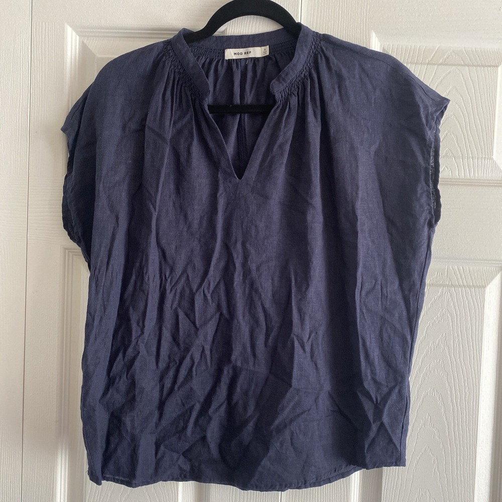 Mod Ref Womens Navy Linen Blend Blouse Small Short Sleeve Coastal V neck Tunic
